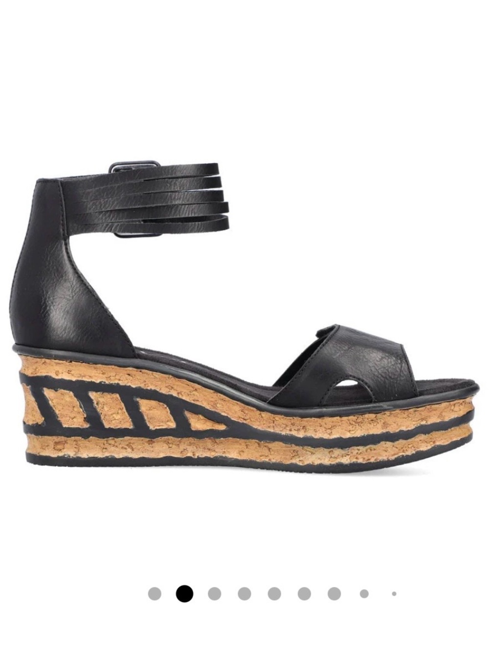 Rieker Black Leather Ankle-Strap Cork-Effect Wedge Sandal